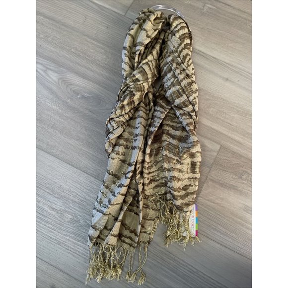 ANIMAL PRINT Scarf Brown Gold Metallic Fringe Wrap Shawl Zebra Viscose New - Picture 11 of 11